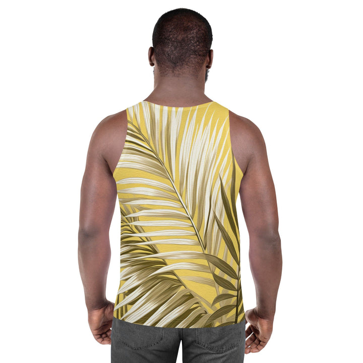 Mens Stretch Fit Tank Top White Brown Palm Leaves