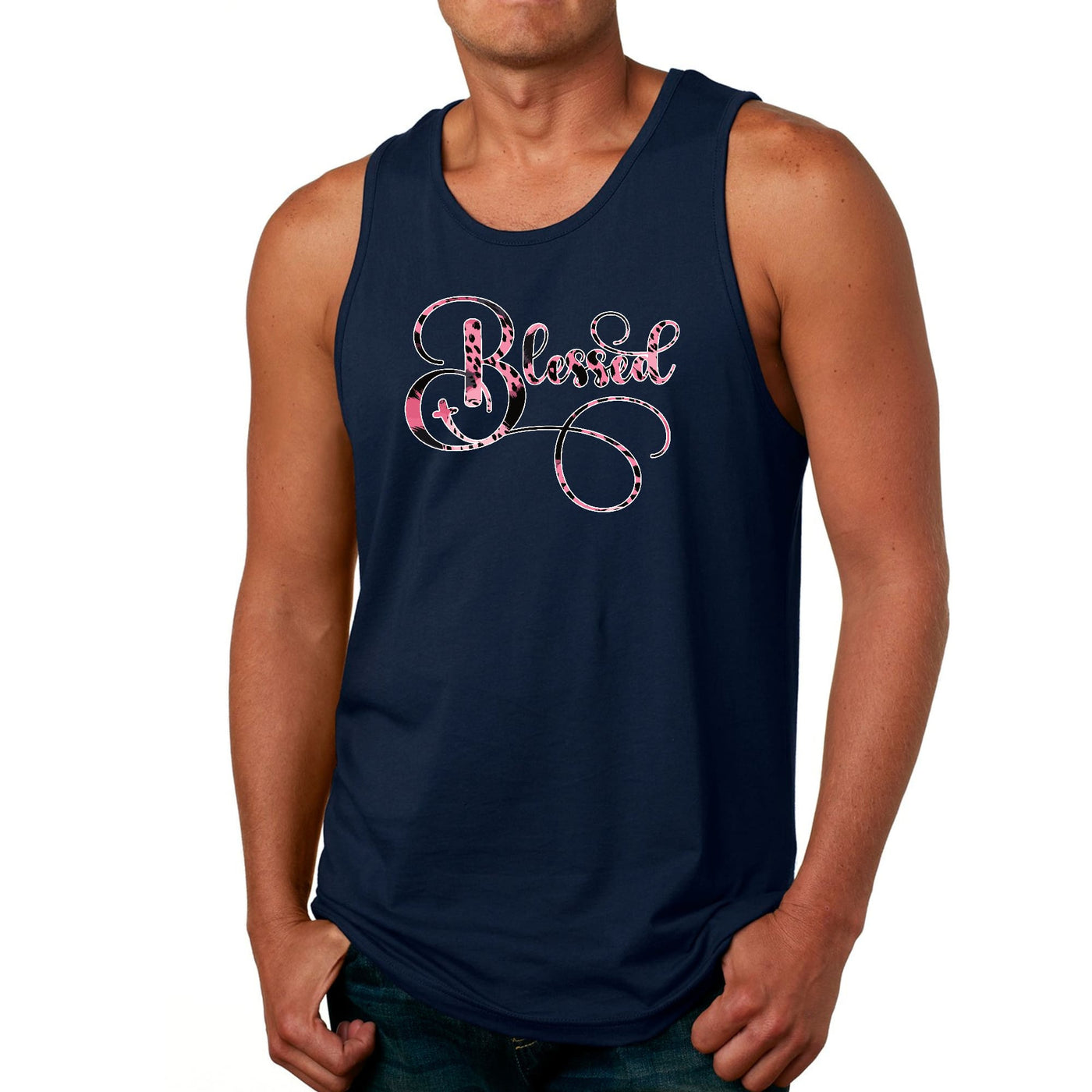 Mens Tank Top Fitness Shirt Blessed Pink And Black Patterned Graphic - Mens