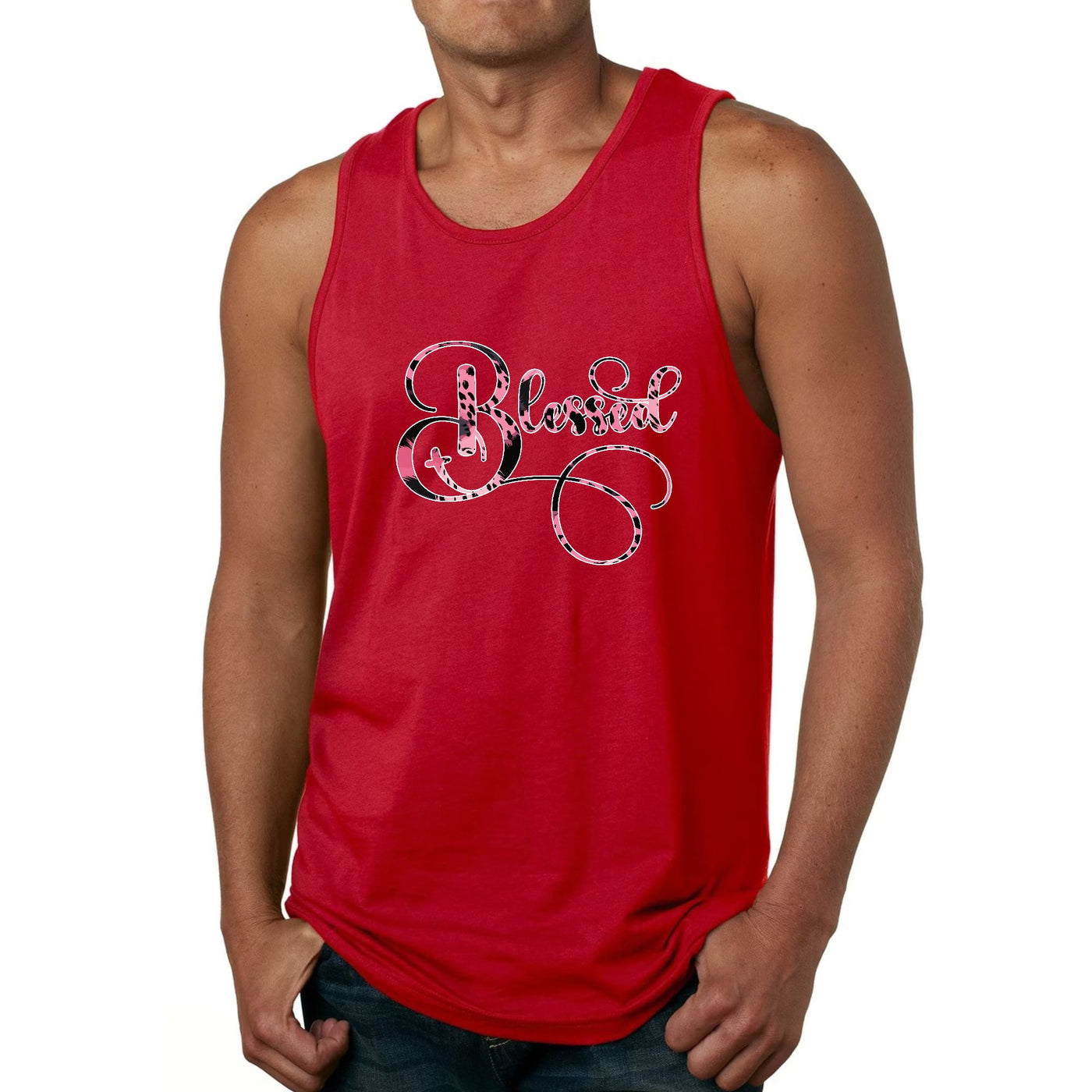 Mens Tank Top Fitness Shirt Blessed Pink And Black Patterned Graphic - Mens