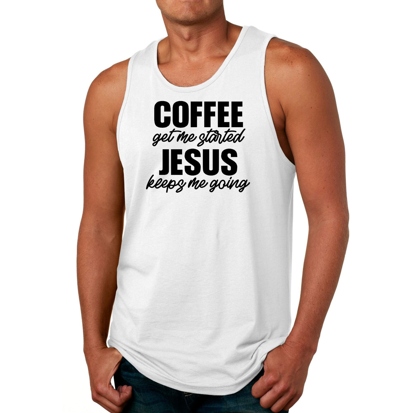 Mens Tank Top Fitness Shirt Coffee Get Me Started Jesus Keeps Me - Mens | Tank