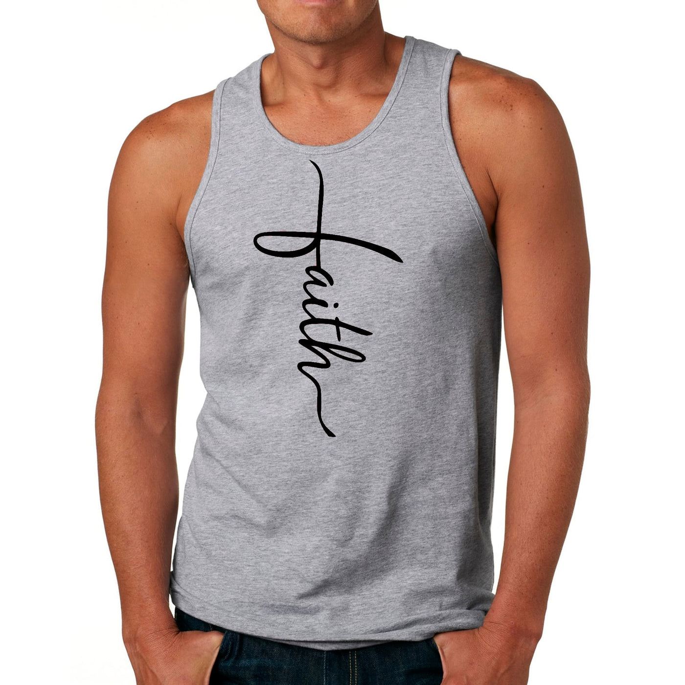 Mens Tank Top Fitness T - shirt Faith Script Cross Black Illustration - Tops