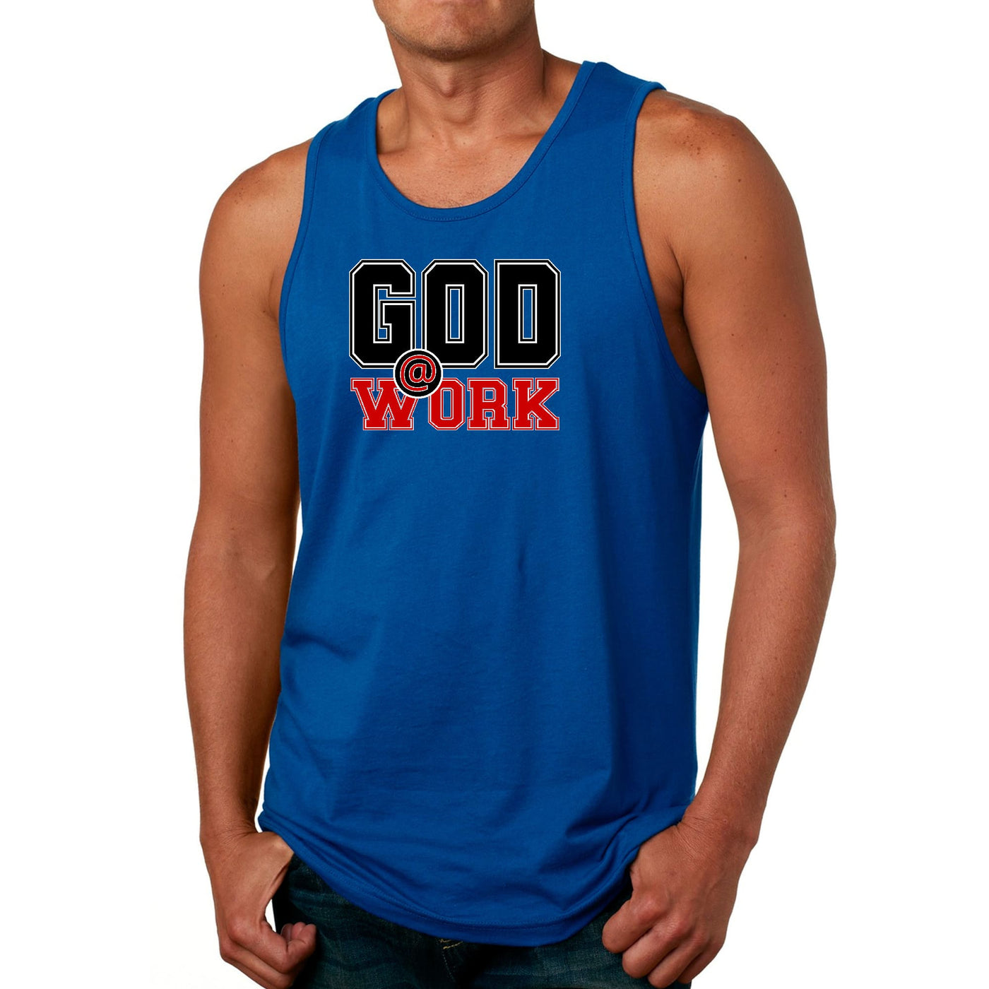 Mens Tank Top Fitness T-shirt God @ Work Black And Red Print - Mens | Tank Tops