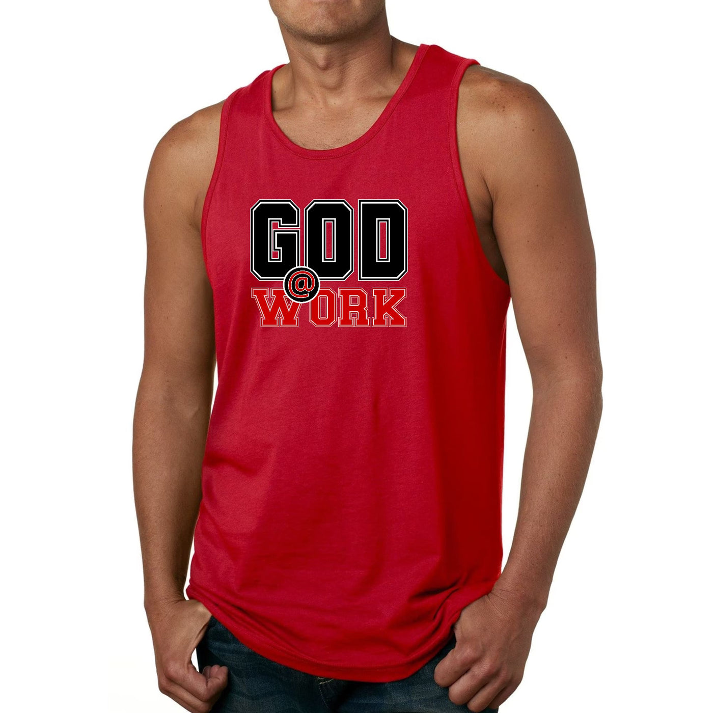 Mens Tank Top Fitness T-shirt God @ Work Black And Red Print - Mens | Tank Tops