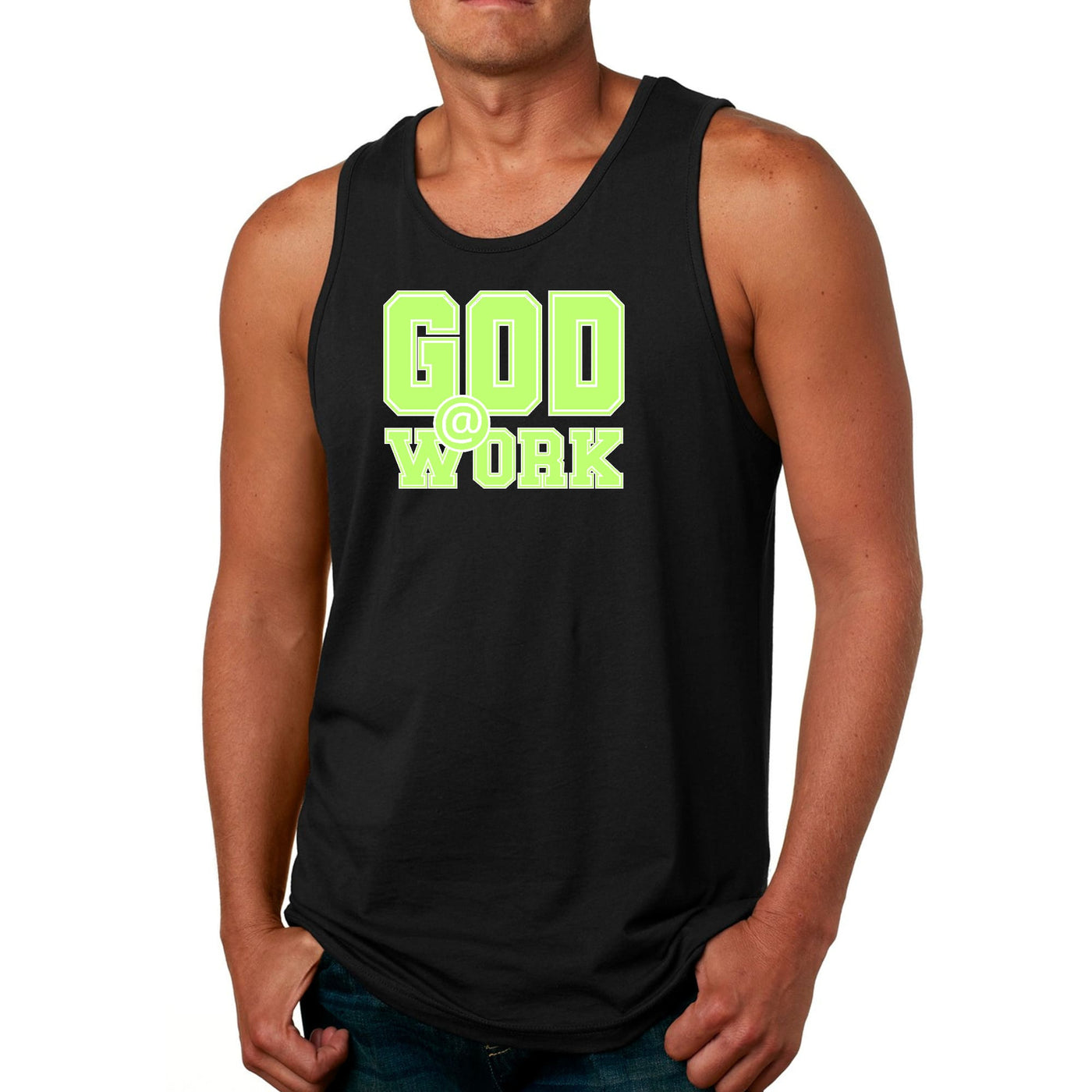 Mens Tank Top Fitness T-shirt God @ Work Neon Green And White Print - Mens