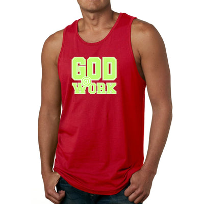 Mens Tank Top Fitness T-shirt God @ Work Neon Green And White Print - Mens