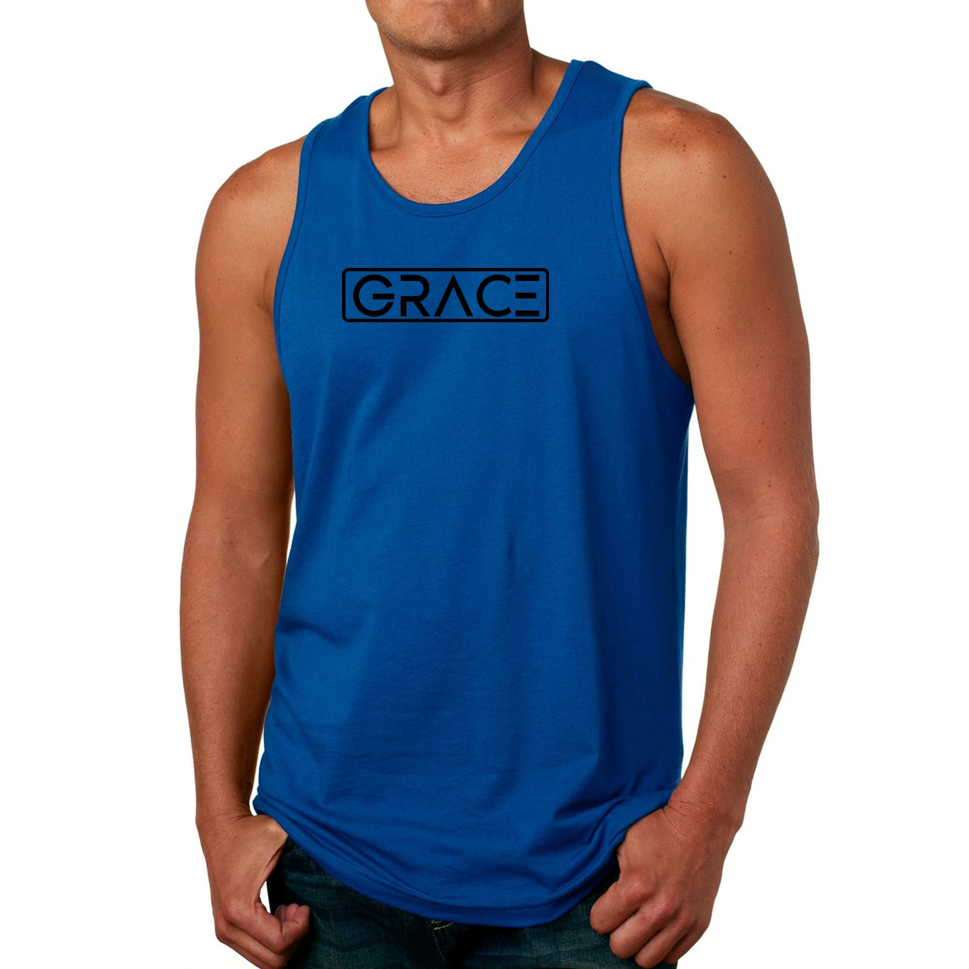 Mens Tank Top Fitness T - shirt Grace Christian Black Illustration - Tops