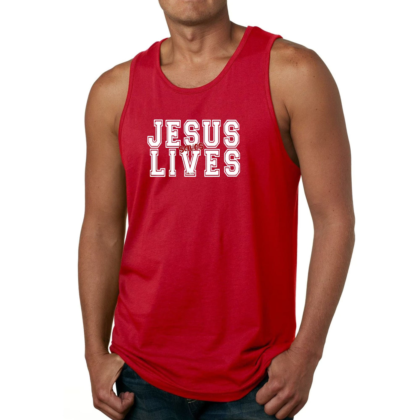 Mens Tank Top Fitness T - shirt Jesus Saves Lives White Red Illustration - Tops