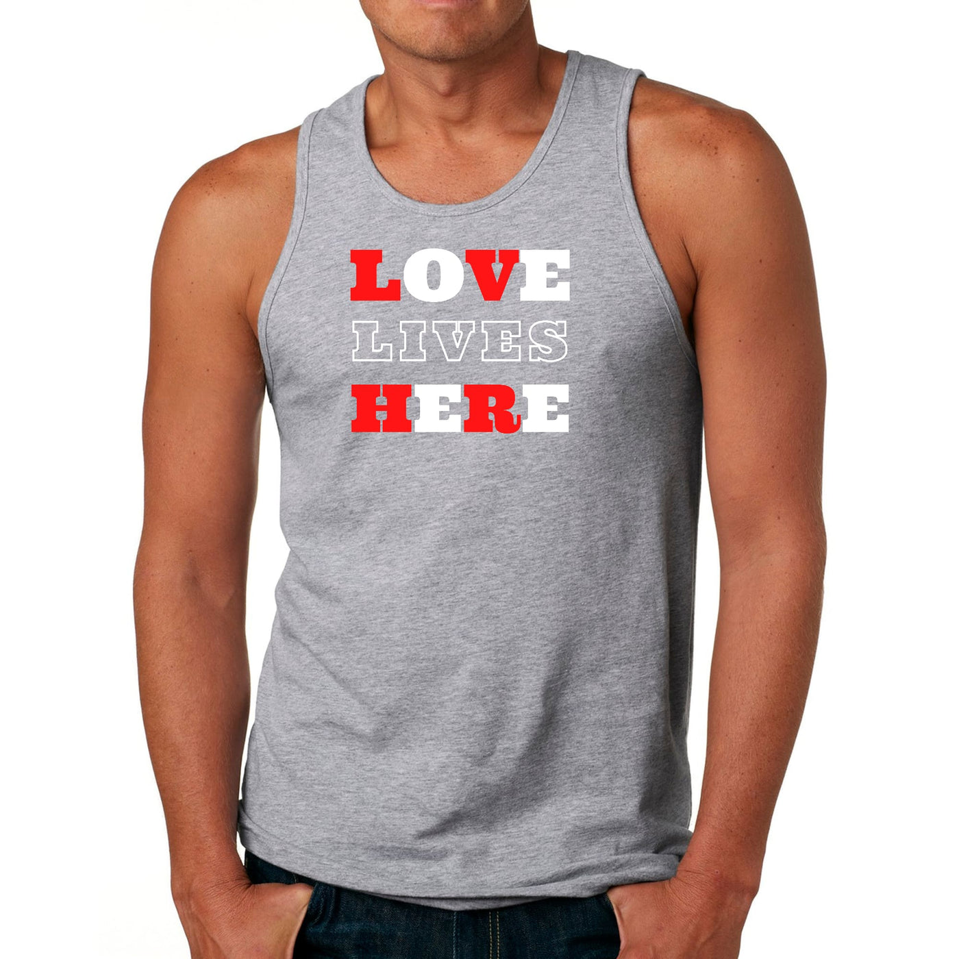 Mens Tank Top Fitness T-shirt Love Lives Here Christian Inspiration - Mens