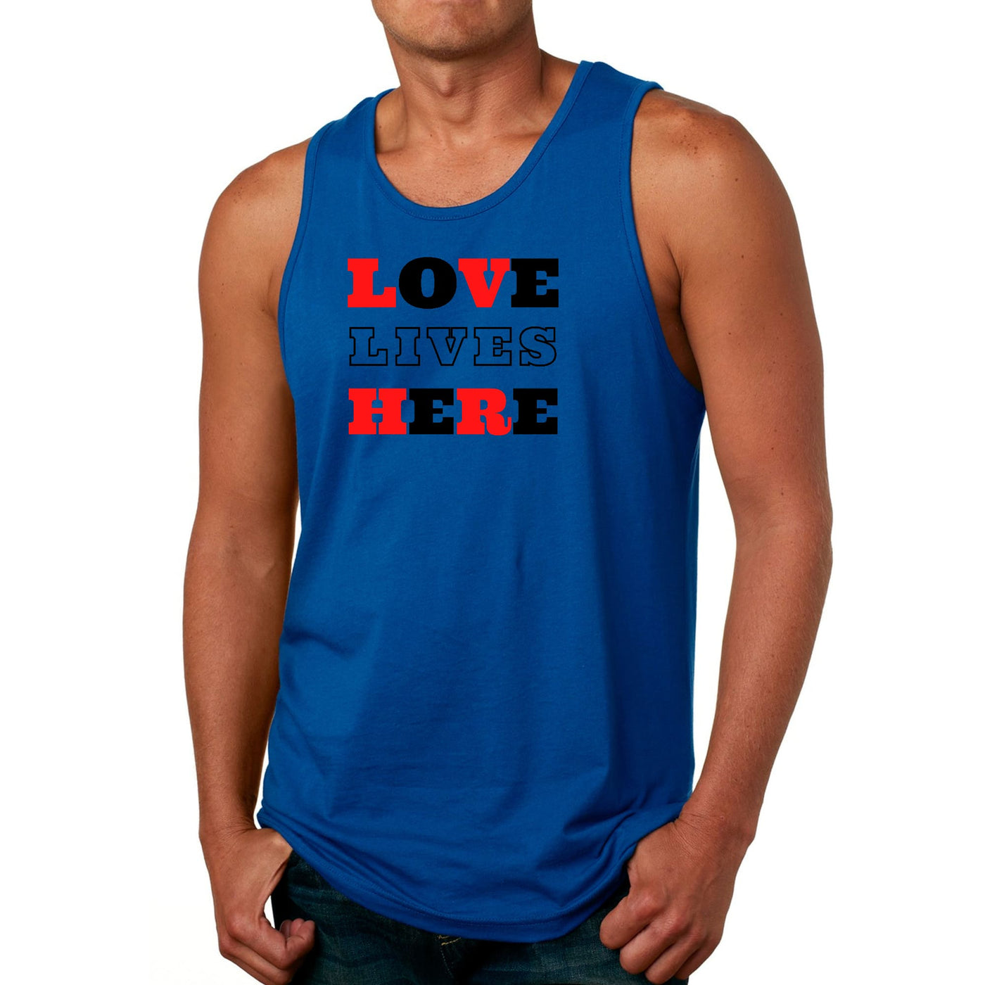 Mens Tank Top Fitness T - shirt Love Lives Here Christian Red Black - Tops