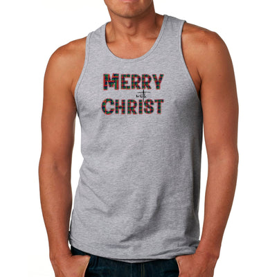 Mens Tank Top Fitness T - shirt Merry With Christ Red And Green Plaid - Tops