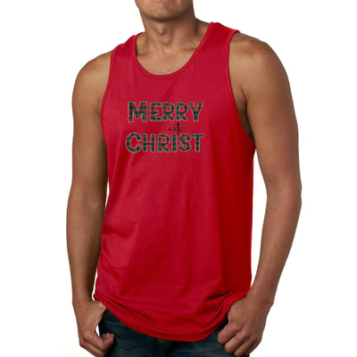 Mens Tank Top Fitness T - shirt Merry With Christ Red And Green Plaid - Tops