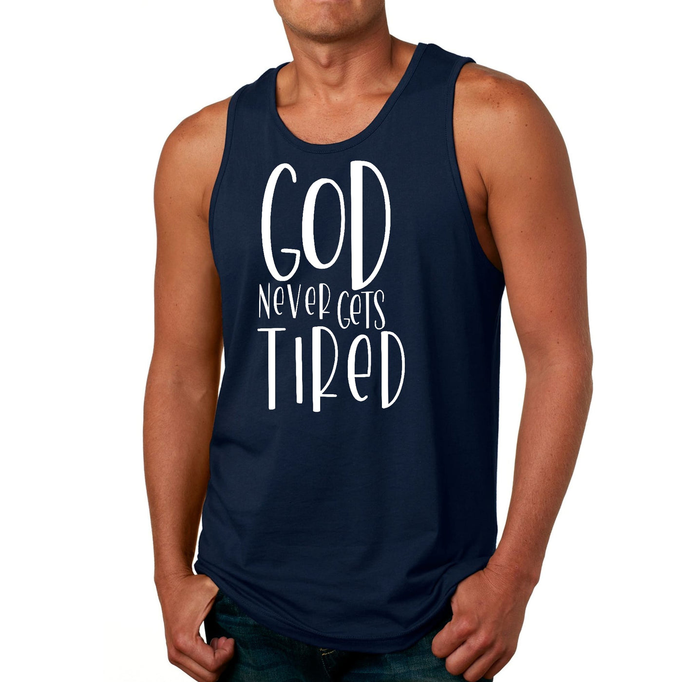 Mens Tank Top Fitness T - shirt Say It Soul - God Never Gets Tired | Tops
