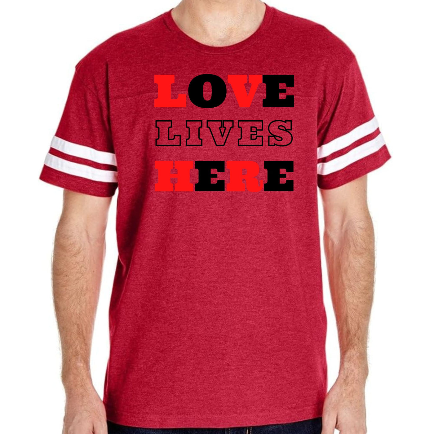 Mens Vintage Sport Graphic T-shirt Love Lives Here Christian Red - Mens