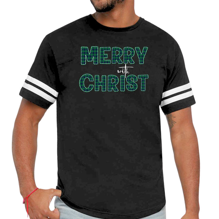 Mens Vintage Sport Graphic T-shirt Merry With Christ Green Plaid - Mens