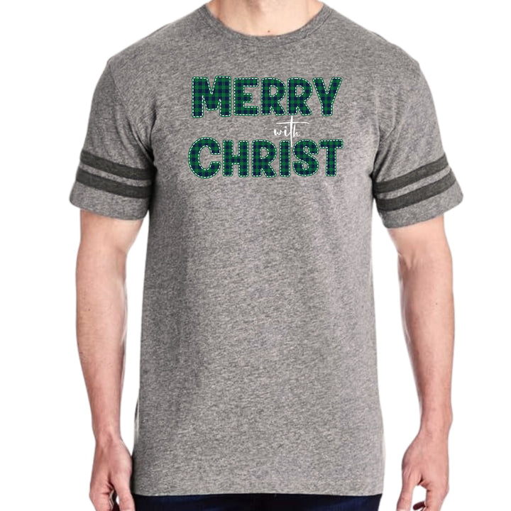 Mens Vintage Sport Graphic T-shirt Merry With Christ Green Plaid - Mens