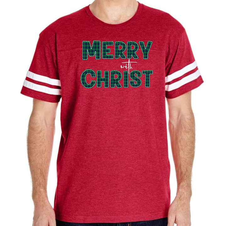 Mens Vintage Sport Graphic T-shirt Merry With Christ Green Plaid - Mens