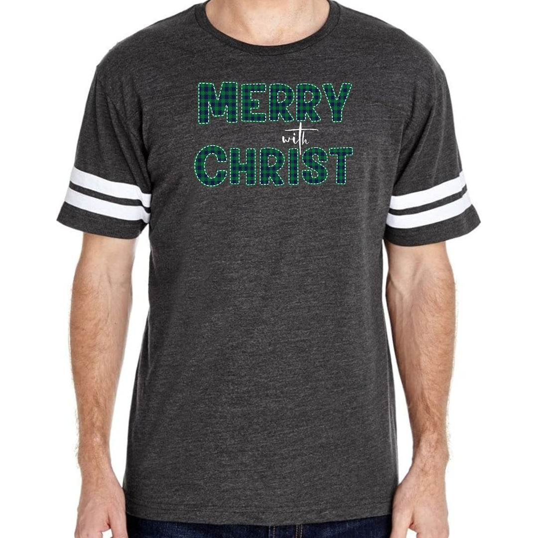 Mens Vintage Sport Graphic T-shirt Merry With Christ Green Plaid - Mens