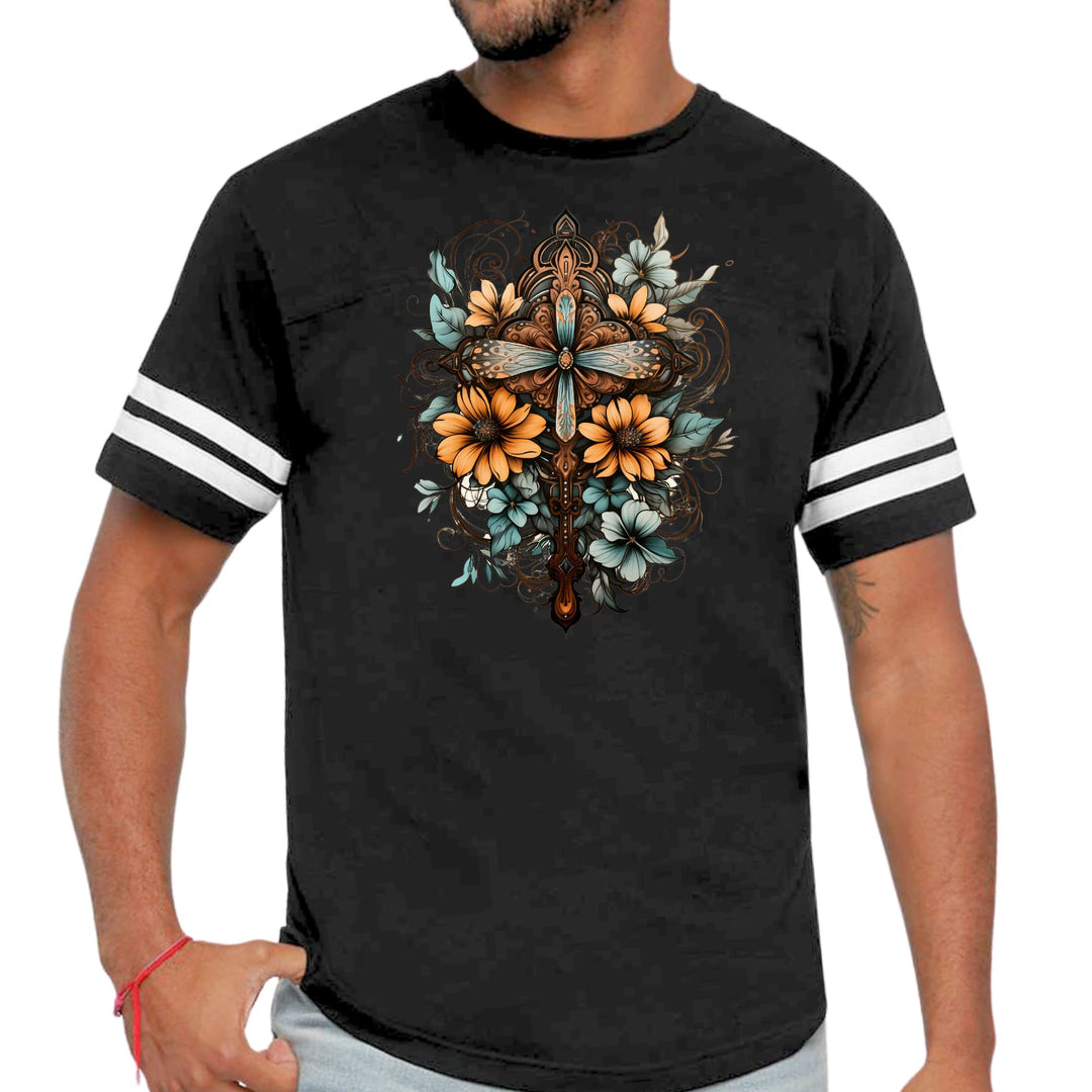 Mens Vintage Sport T-shirt Christian Cross Floral Bouquet Brown - Mens