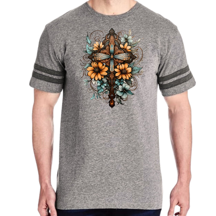 Mens Vintage Sport T-shirt Christian Cross Floral Bouquet Brown - Mens