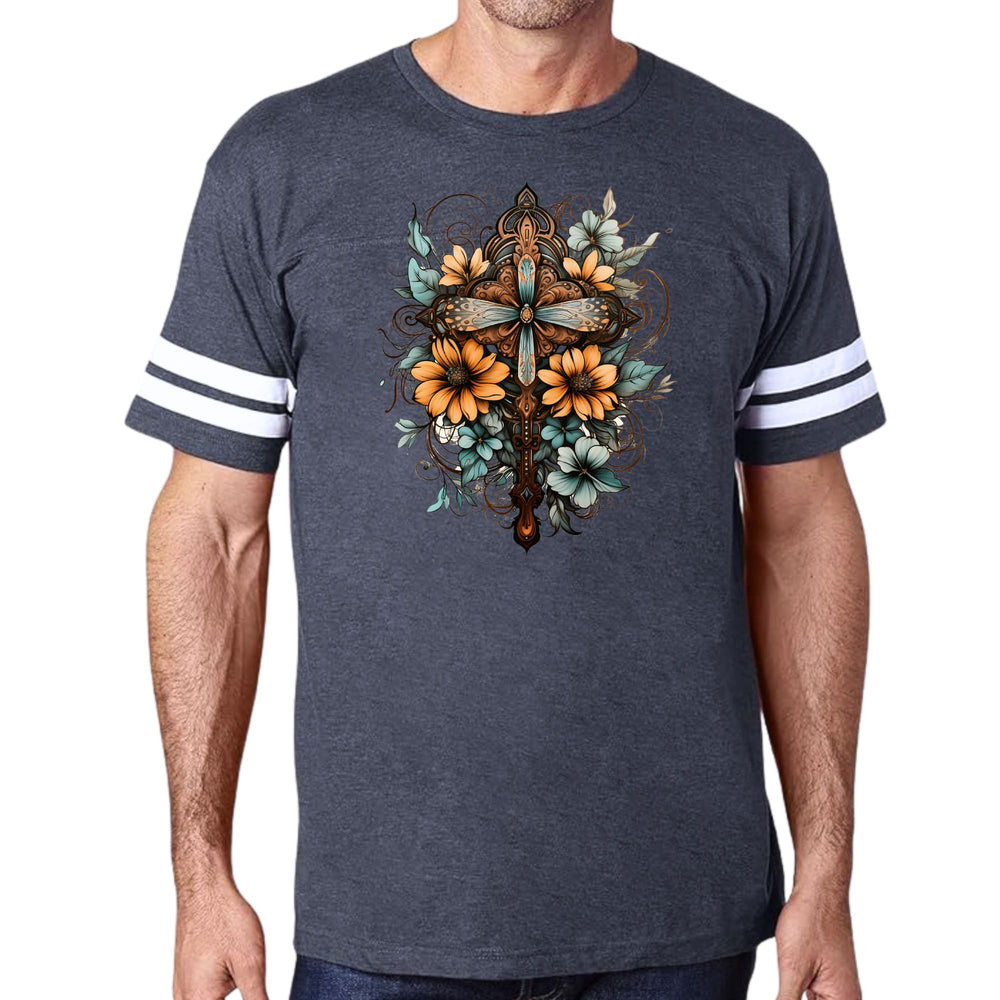 Mens Vintage Sport T-shirt Christian Cross Floral Bouquet Brown - Mens