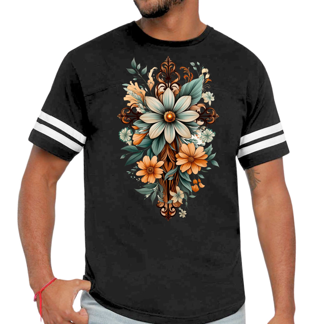 Mens Vintage Sport T-shirt Christian Cross Floral Bouquet Green