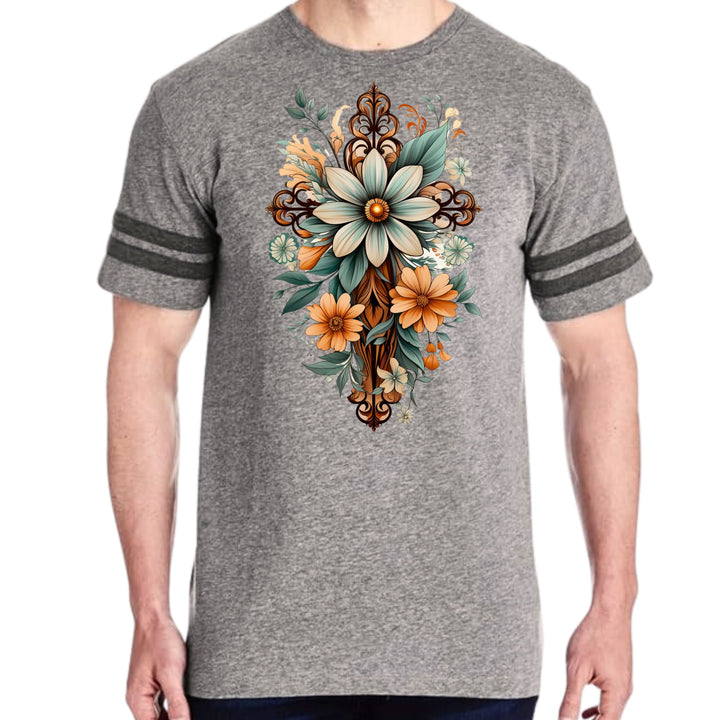 Mens Vintage Sport T-shirt Christian Cross Floral Bouquet Green