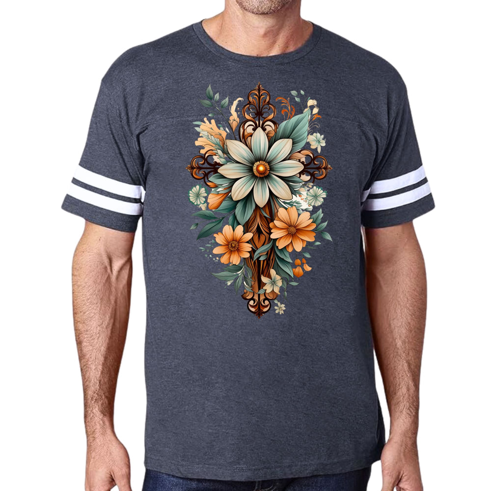 Mens Vintage Sport T-shirt Christian Cross Floral Bouquet Green