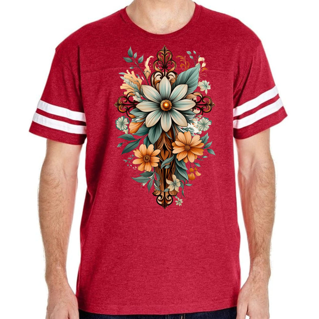 Mens Vintage Sport T-shirt Christian Cross Floral Bouquet Green