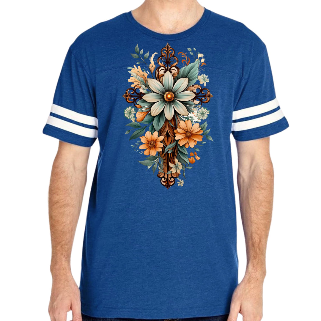 Mens Vintage Sport T-shirt Christian Cross Floral Bouquet Green