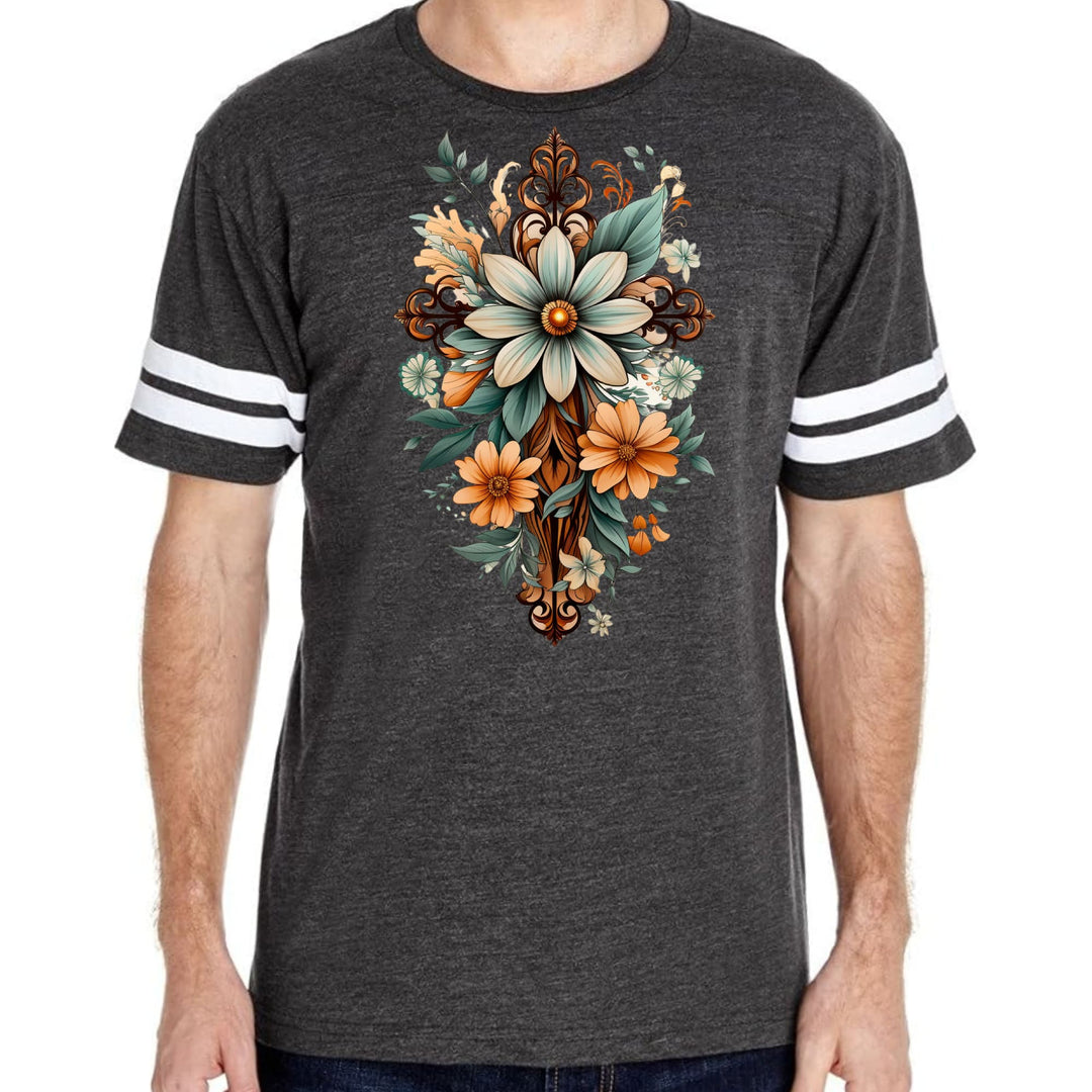 Mens Vintage Sport T-shirt Christian Cross Floral Bouquet Green