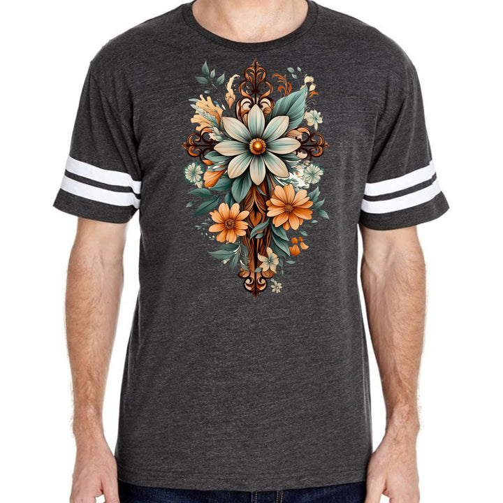 Mens Vintage Sport T-shirt Christian Cross Floral Bouquet Green