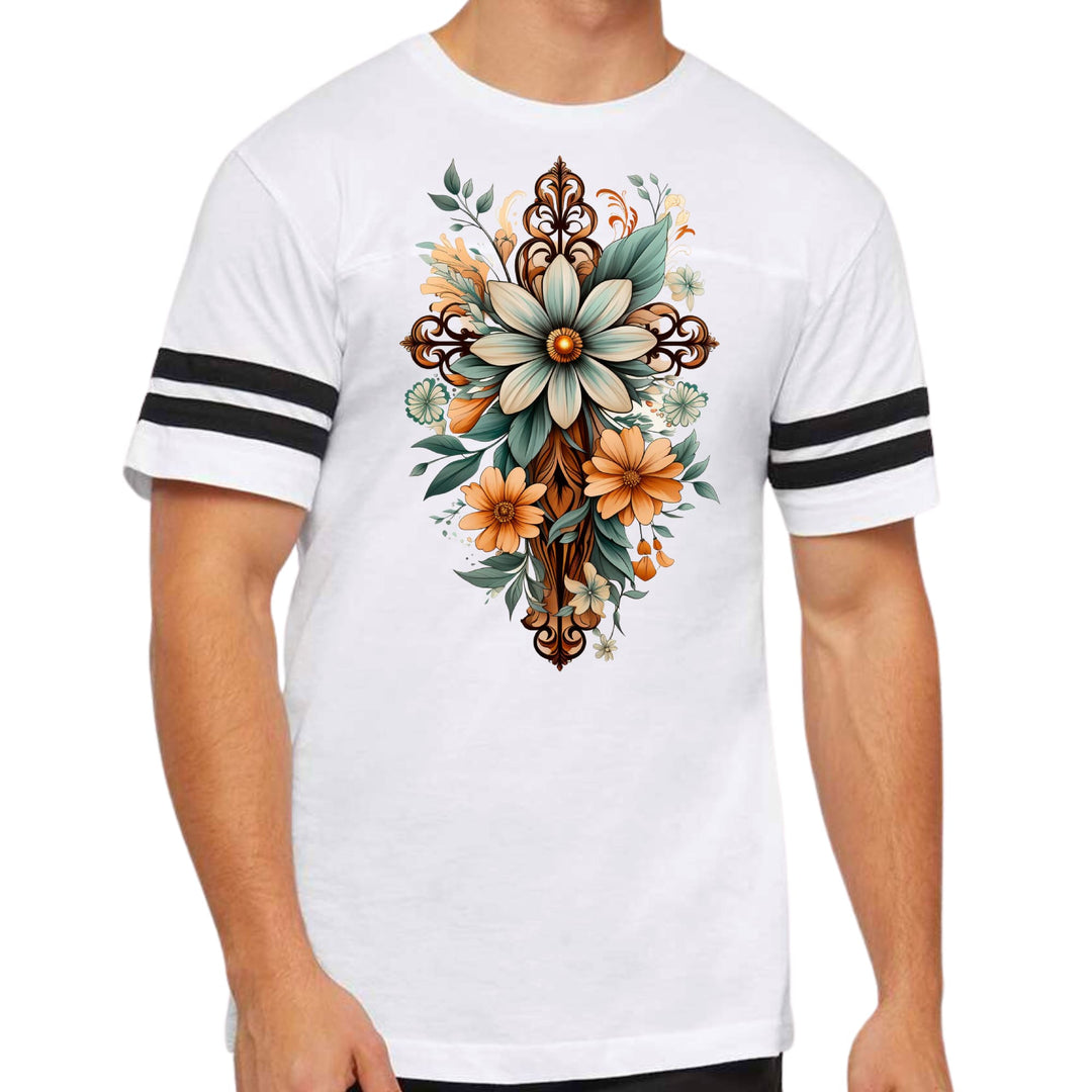 Mens Vintage Sport T-shirt Christian Cross Floral Bouquet Green
