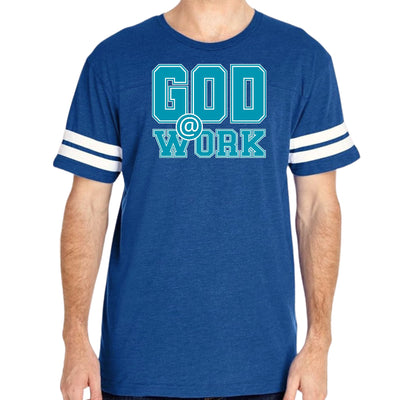 Mens Vintage Sport T-shirt God @ Work Blue Green And White Print - Mens
