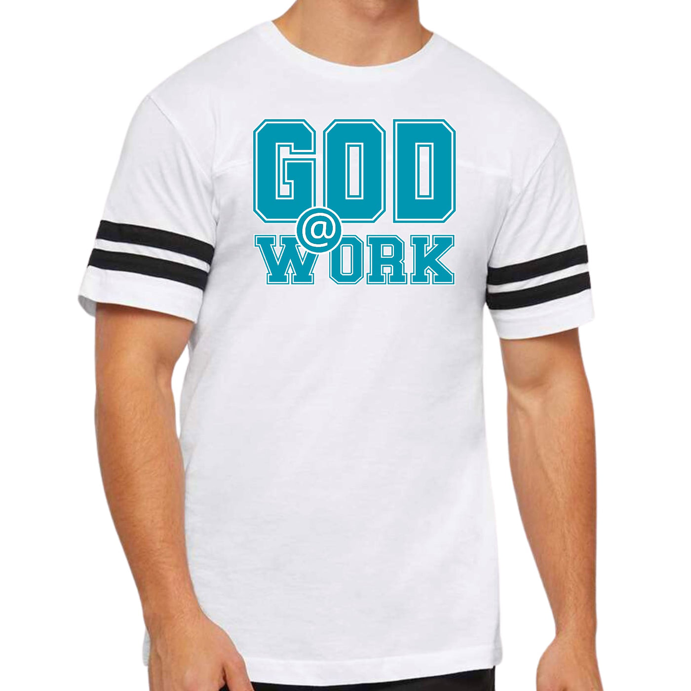 Mens Vintage Sport T-shirt God @ Work Blue Green And White Print - Mens