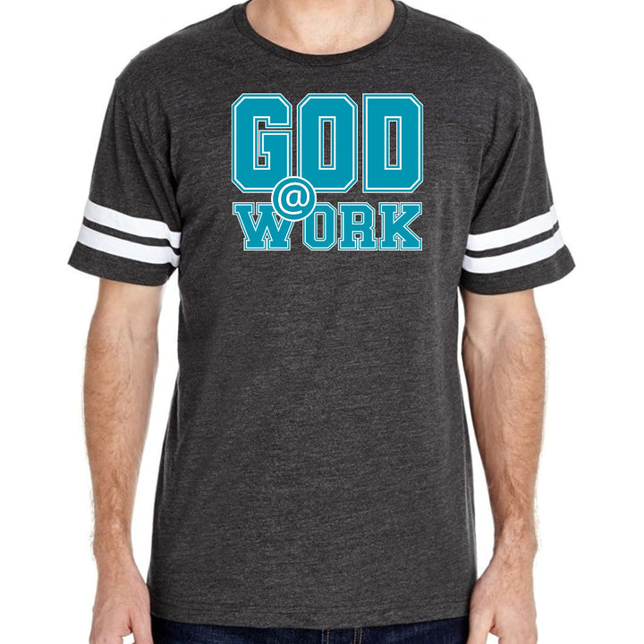 Mens Vintage Sport T-shirt God @ Work Blue Green and White Print
