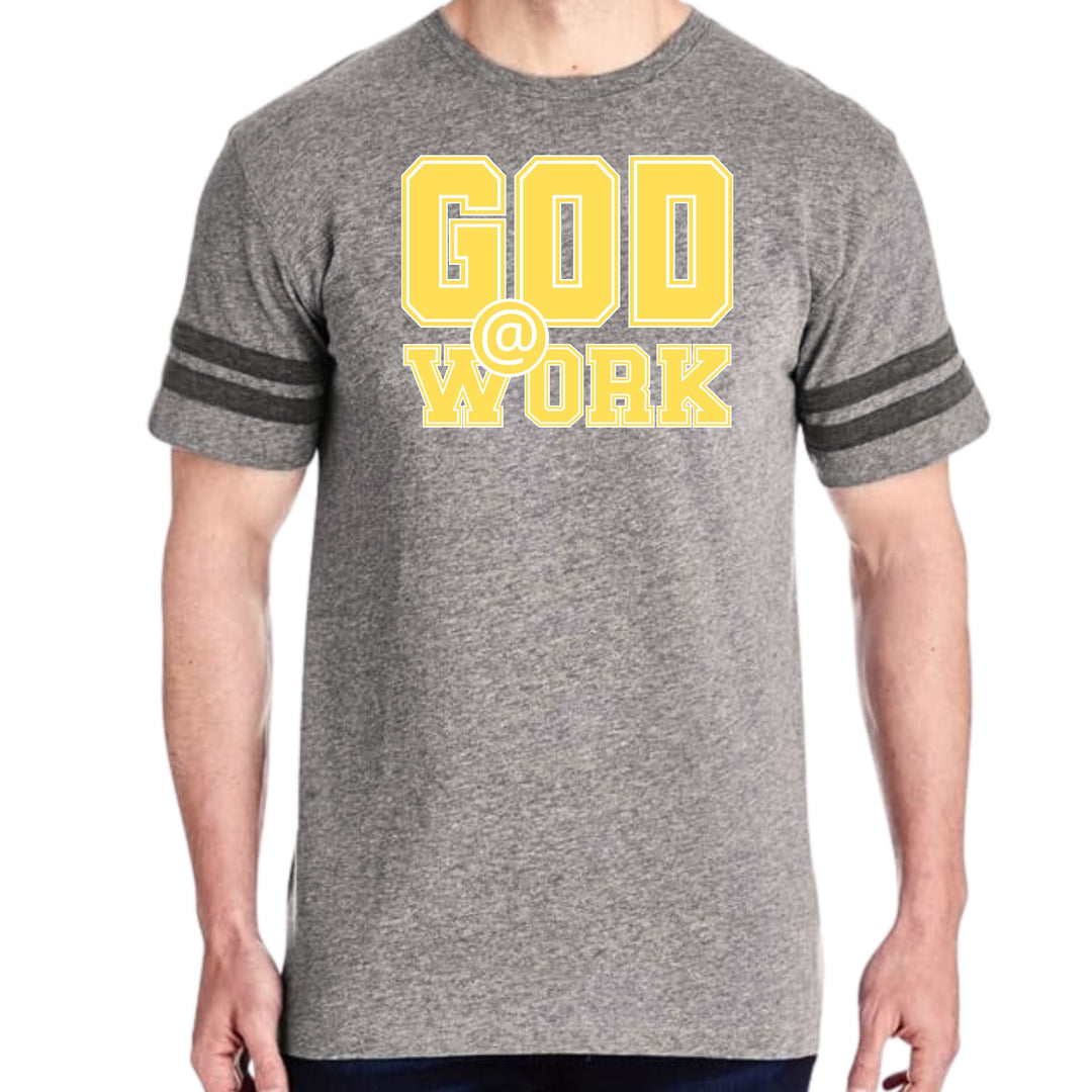 Mens Vintage Sport T-shirt God @ Work Yellow and White Print