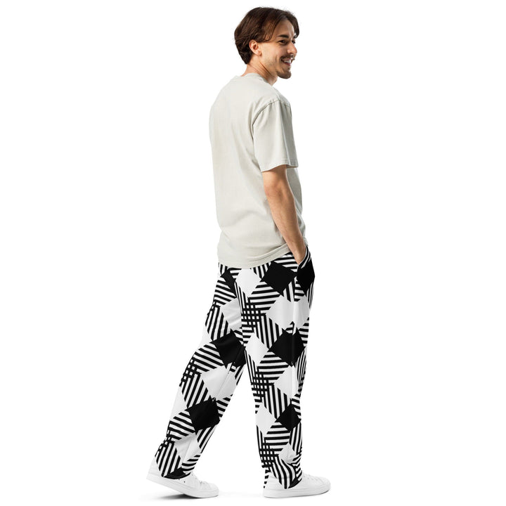 Mens Wide-leg Joggers - Black and White Plaid Print