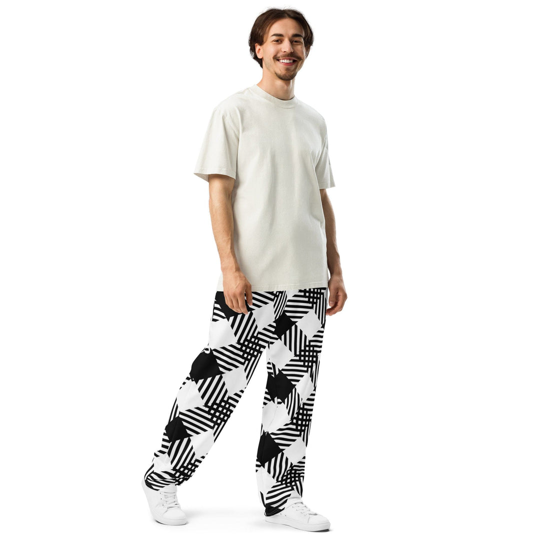 Mens Wide-leg Joggers - Black and White Plaid Print