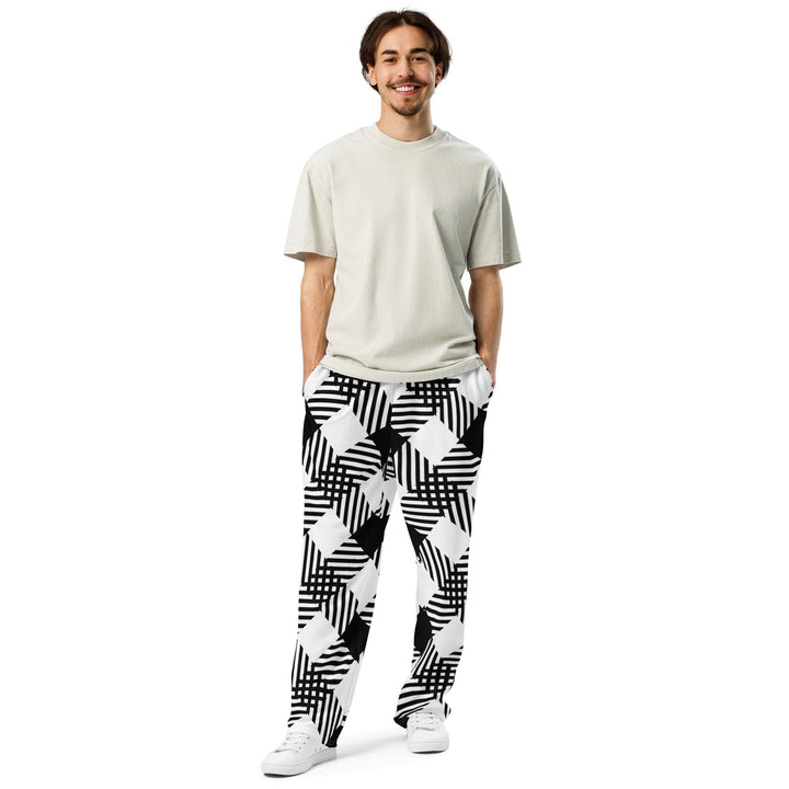 Mens Wide-leg Joggers - Black and White Plaid Print