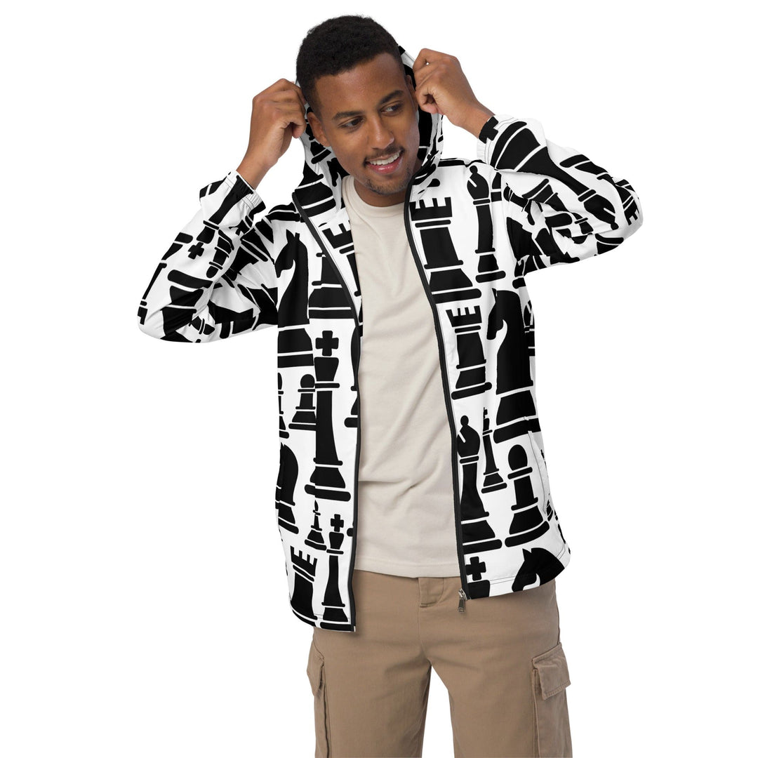 Mens Windbreaker Jacket With Hood Black And White Chess Print