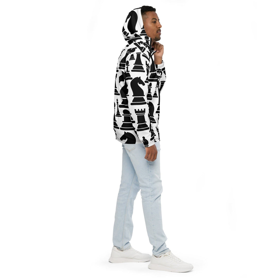 Mens Windbreaker Jacket With Hood Black And White Chess Print