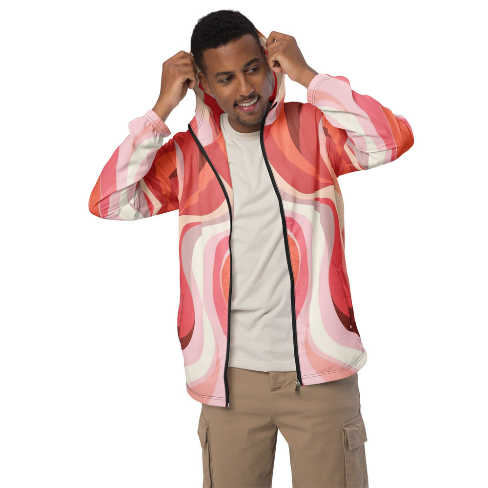 Mens Windbreaker Jacket With Hood Boho Pink And White Contemporary