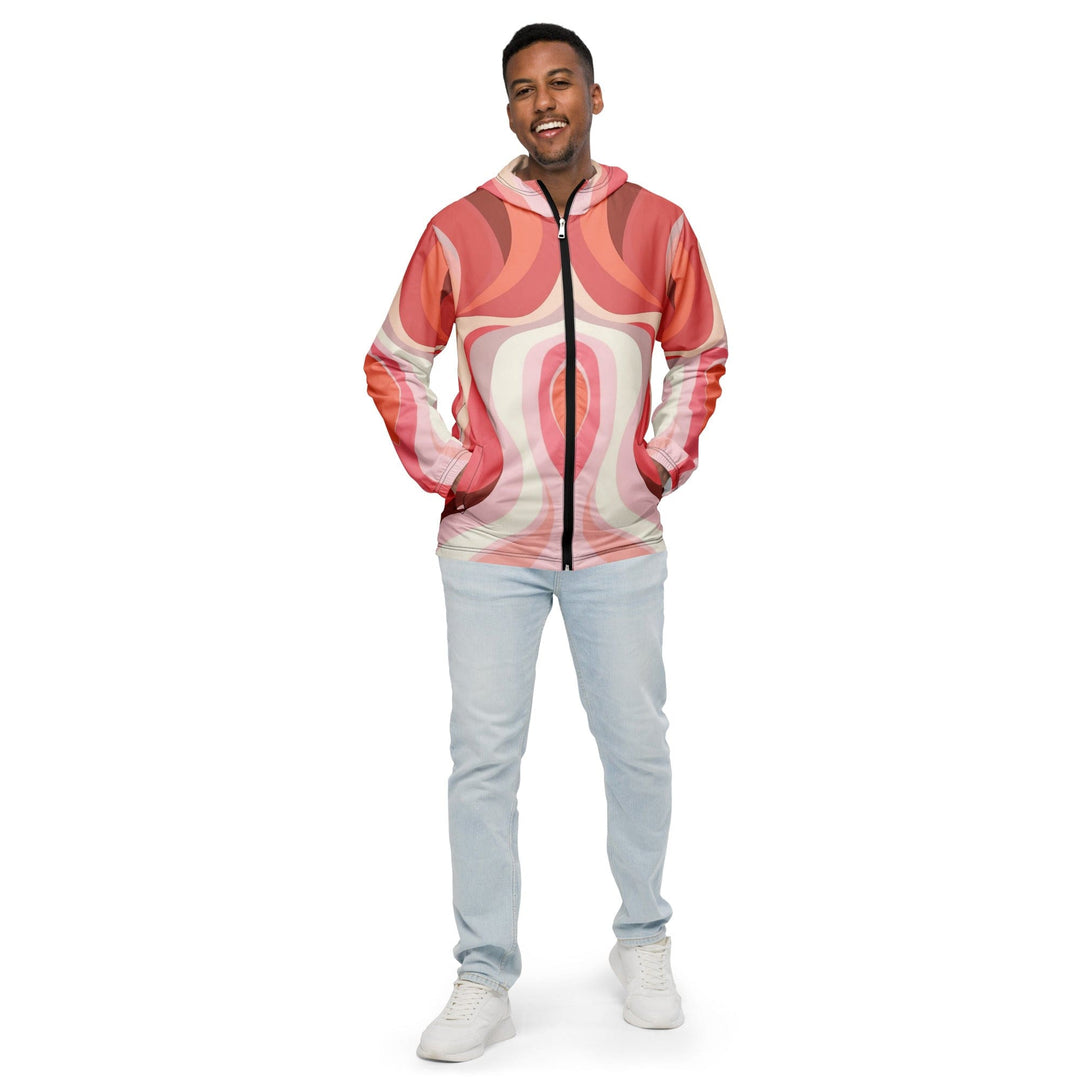 Mens Windbreaker Jacket With Hood Boho Pink And White Contemporary
