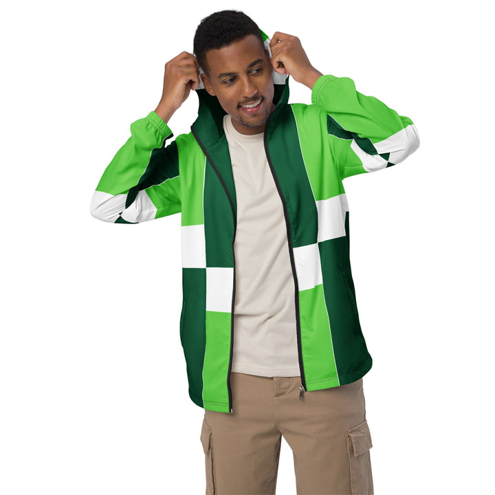 Mens Hooded Windbreaker Jacket Green White Colorblock Grid Lines