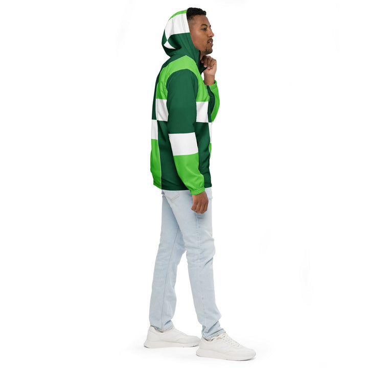 Mens Hooded Windbreaker Jacket Green White Colorblock Grid Lines