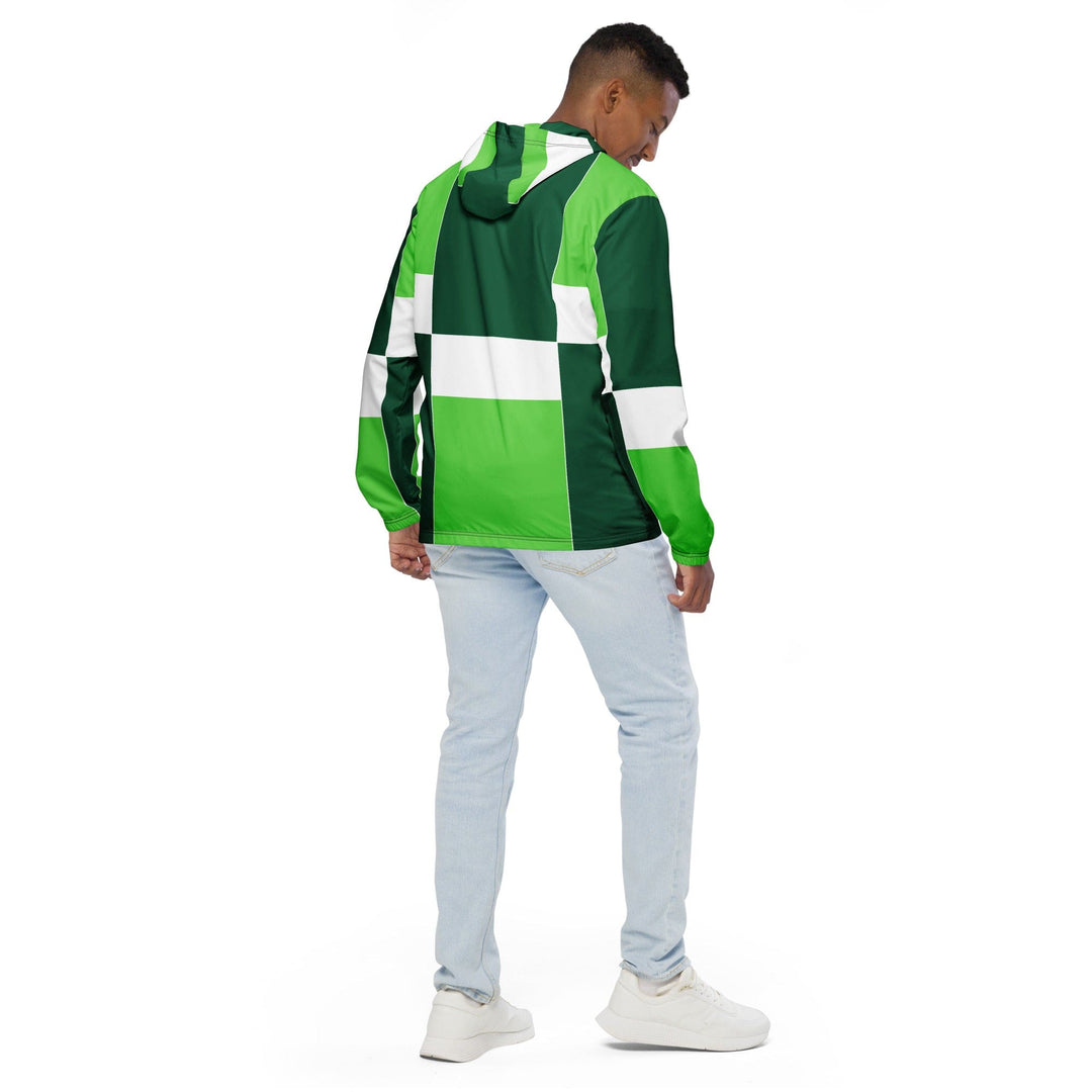 Mens Hooded Windbreaker Jacket Green White Colorblock Grid Lines