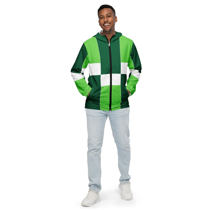 Mens Hooded Windbreaker Jacket Green White Colorblock Grid Lines