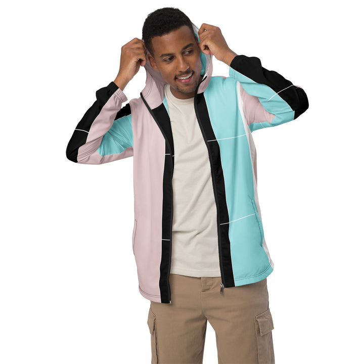 Mens Hooded Windbreaker Jacket - Pastel Pink Black Blue Colorblock