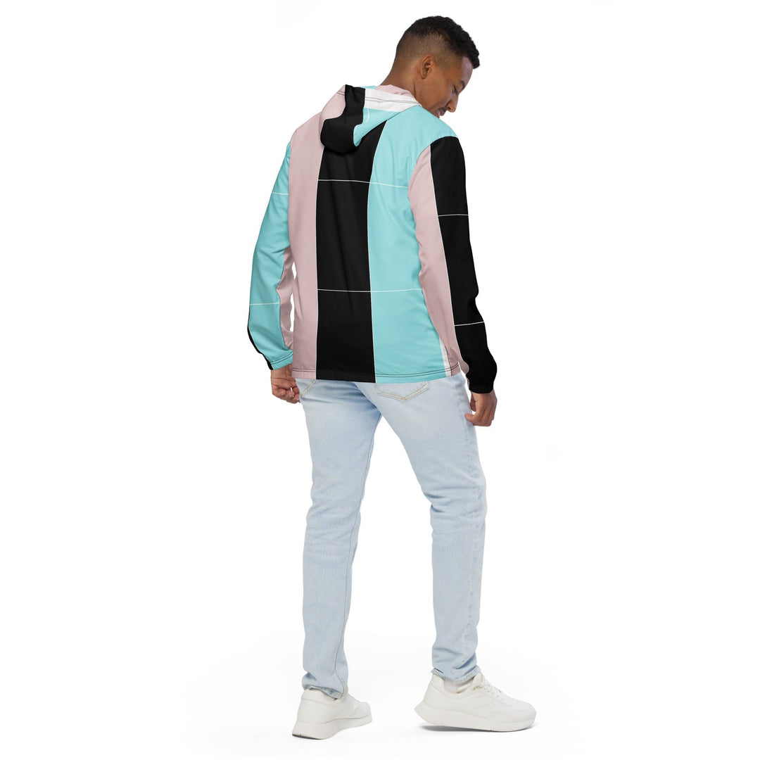 Mens Hooded Windbreaker Jacket - Pastel Pink Black Blue Colorblock
