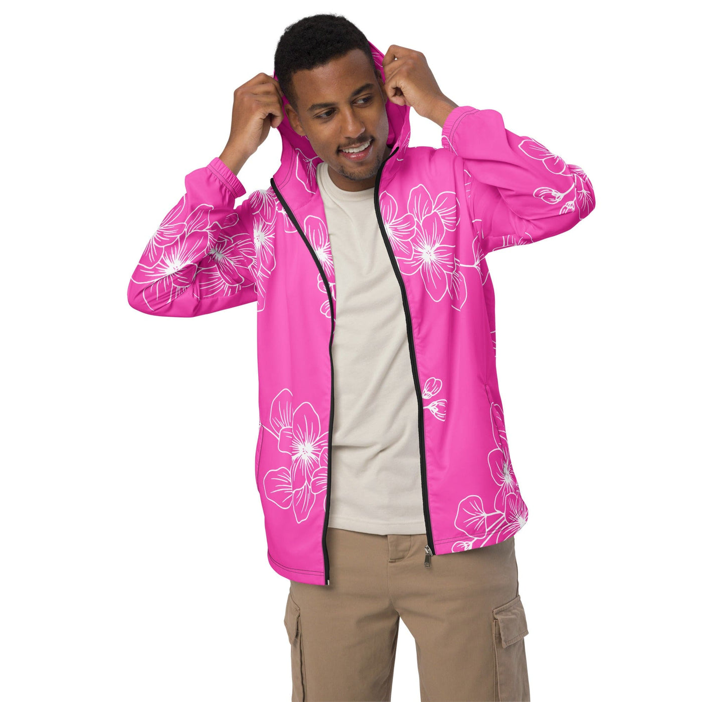 Mens Windbreaker Jacket With Hood Water-resistant Pink Floral Pattern